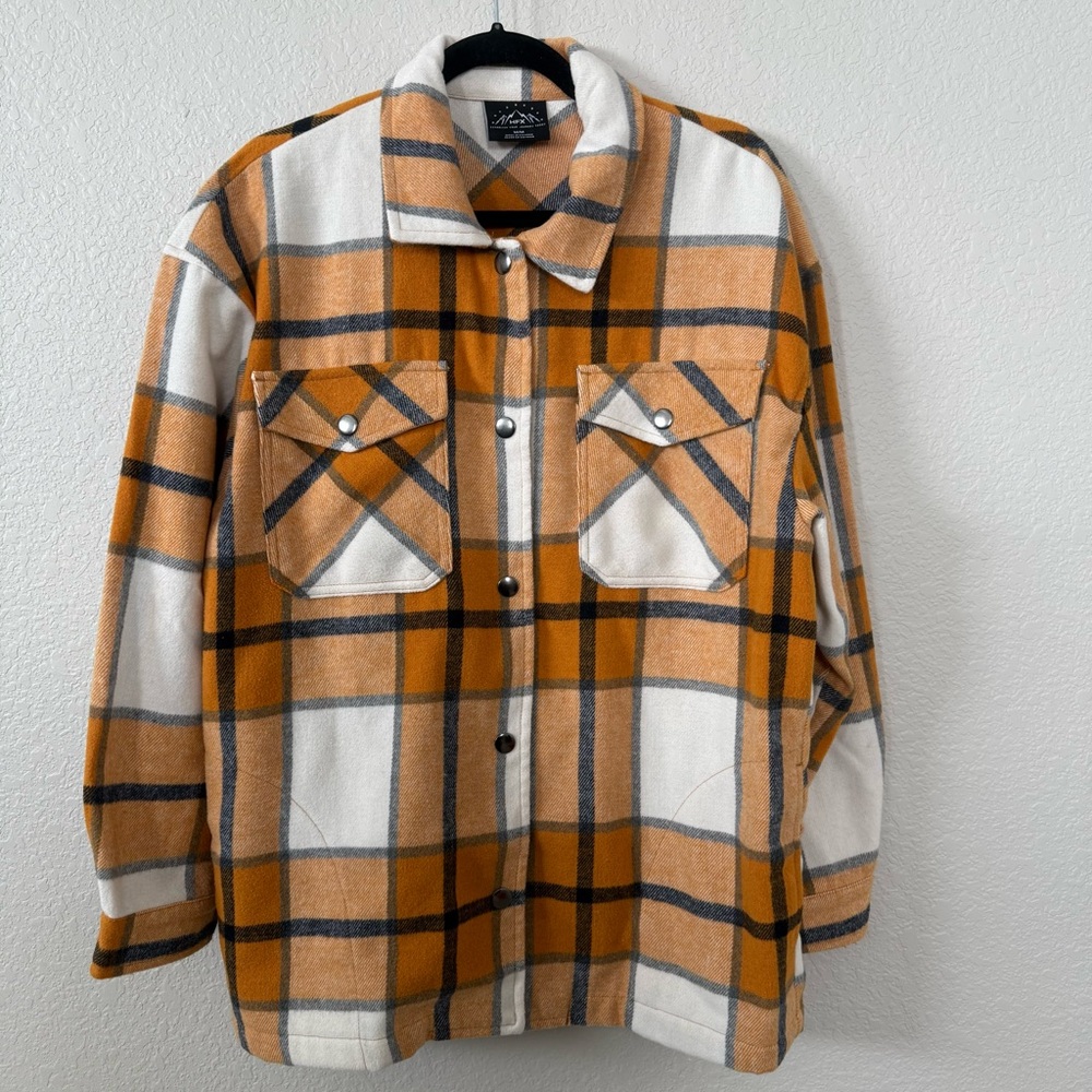 HFX Plaid Shacket Shirt Jacket Brown Cream Navy Women’s Medium